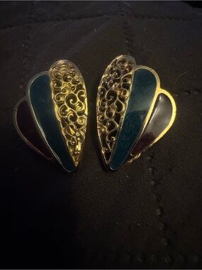Gold Filigree Teardrop Earrings with Blue and Black Enamel